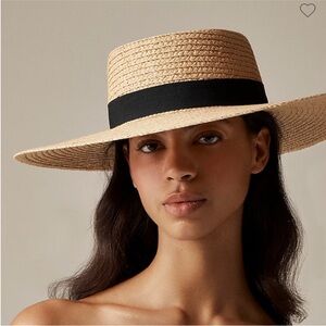 Wide-brim boater hat with ribbon
